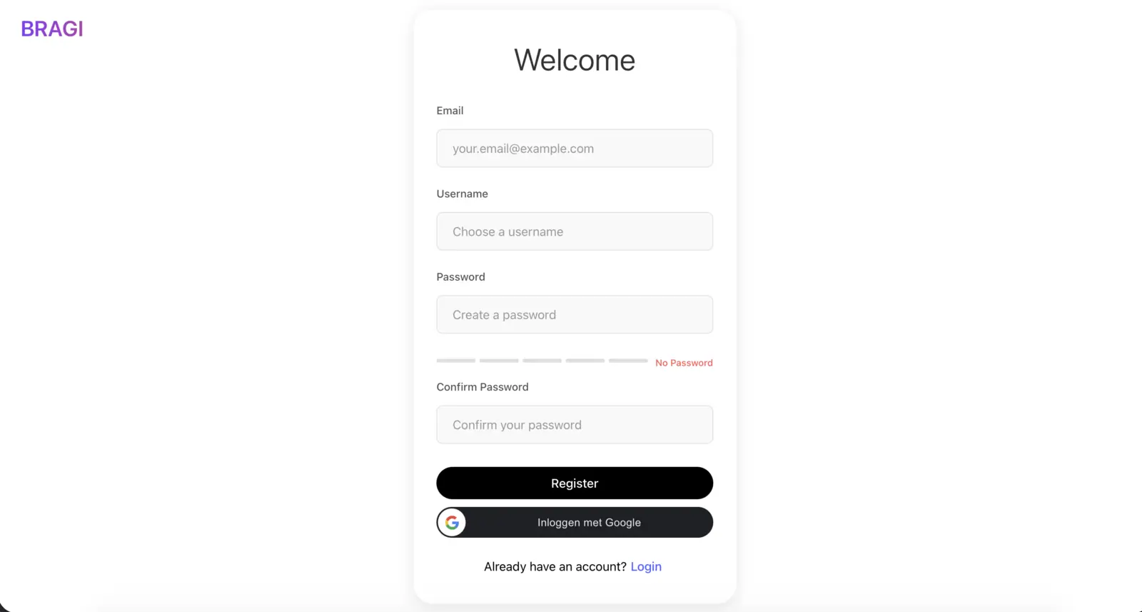 BRAGI: Sign-up screen