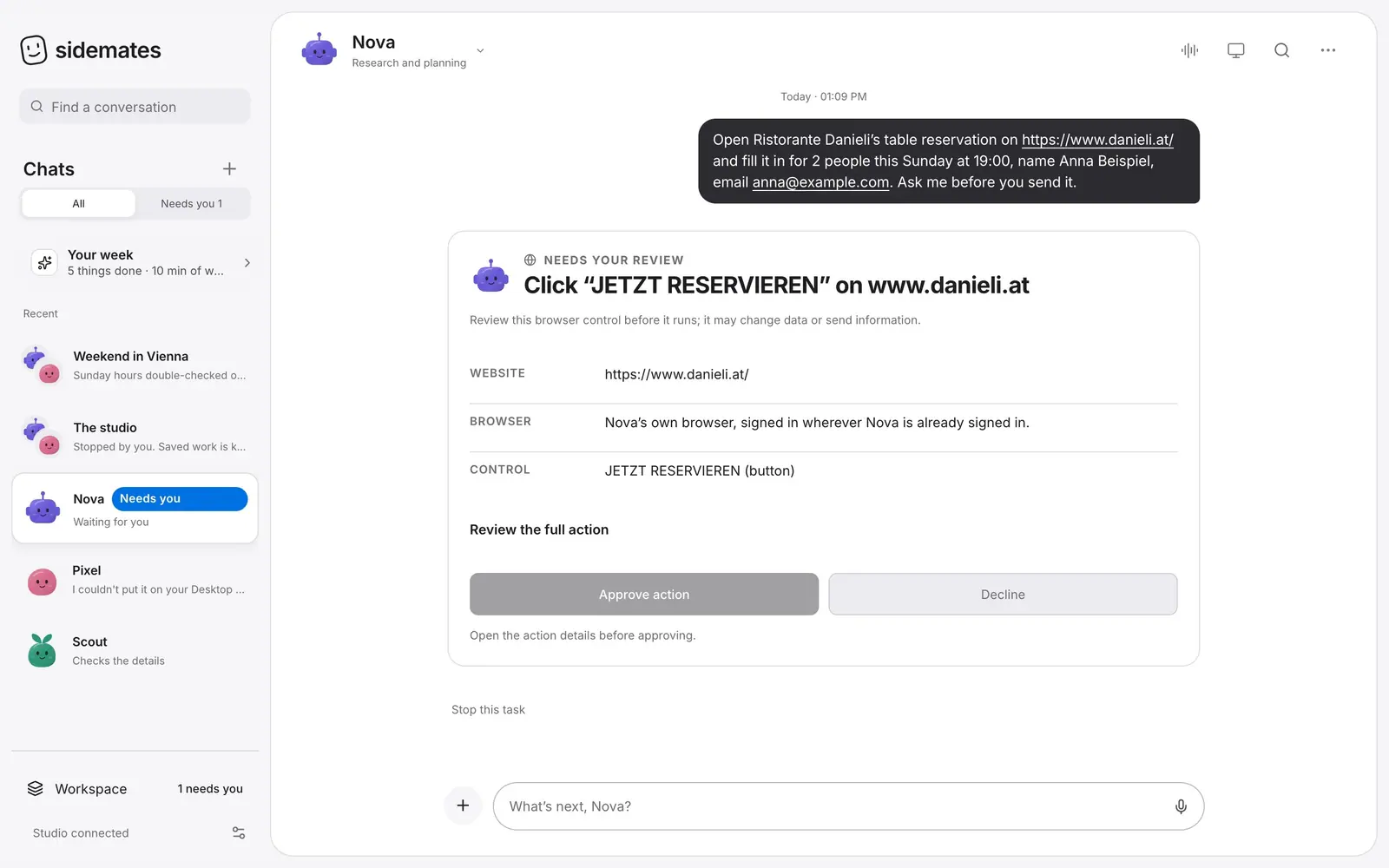 Sidemates: Nova asks before clicking a reservation button