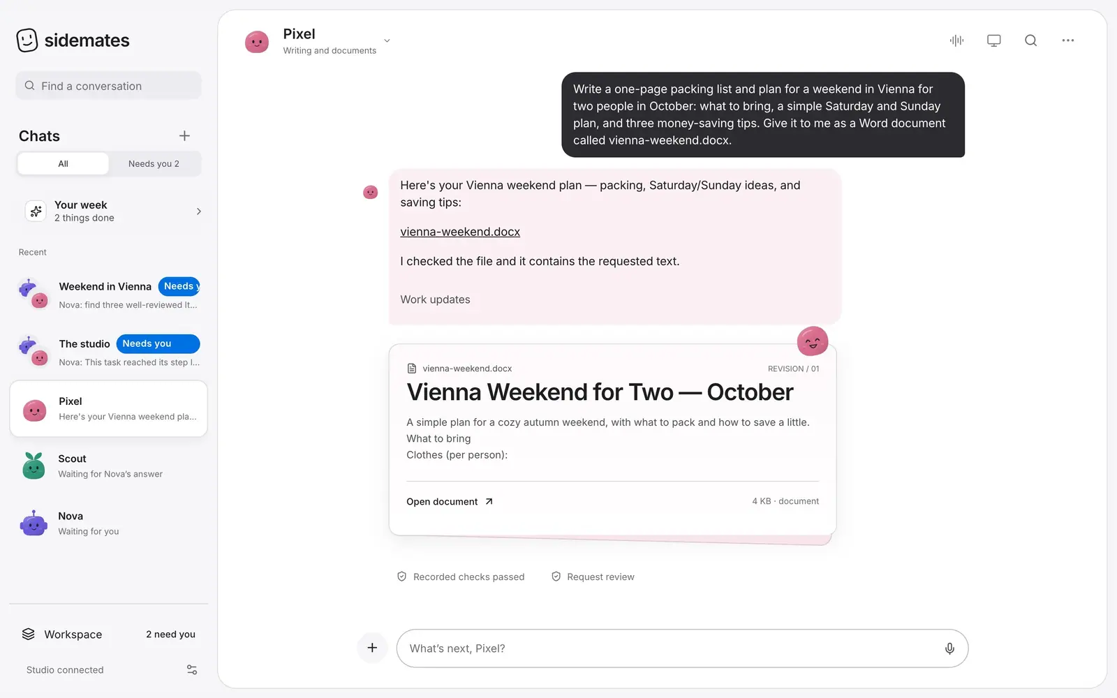 Sidemates: Pixel delivers a Word document