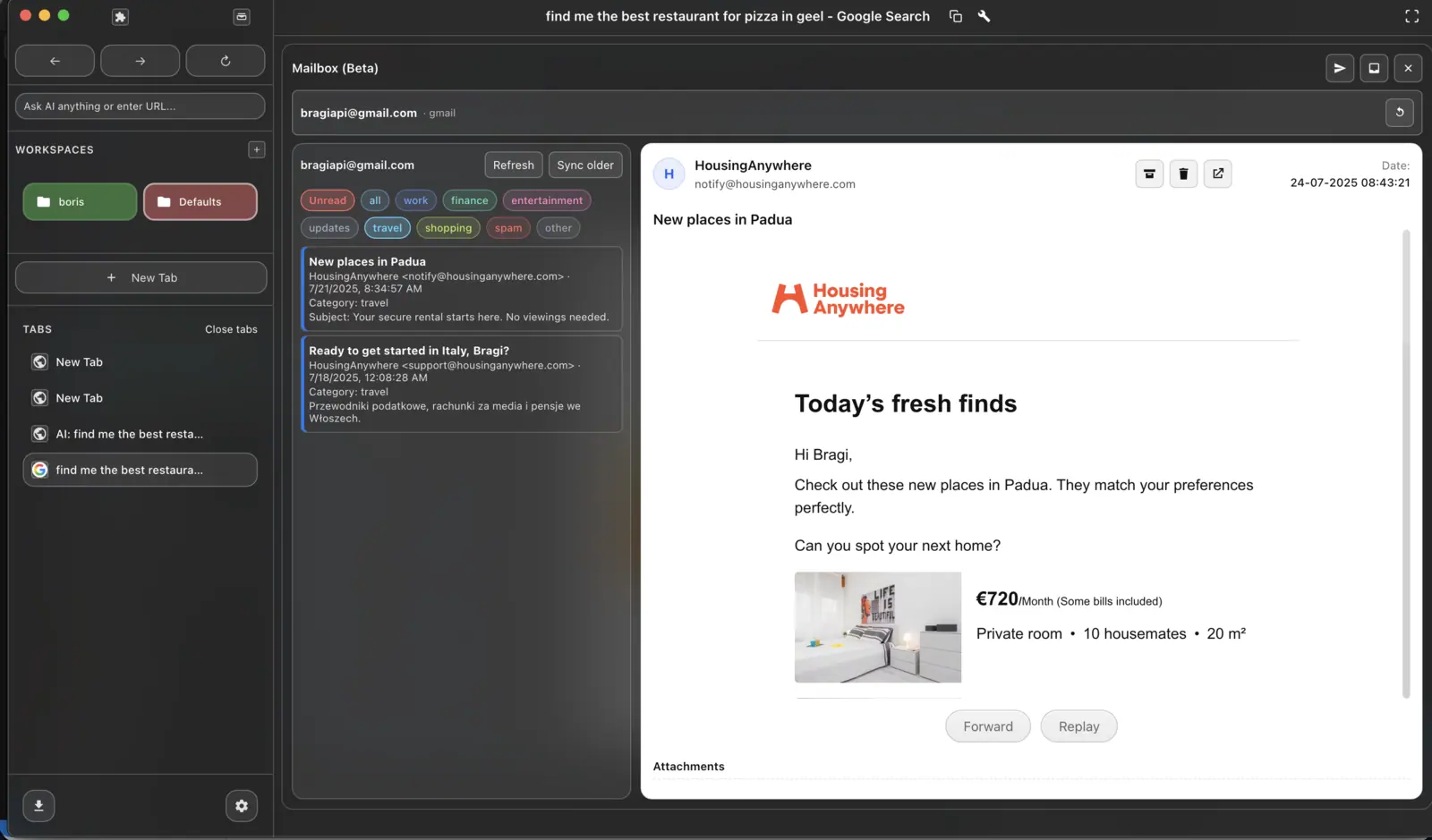 Simple Browser: Inbox view with an email open