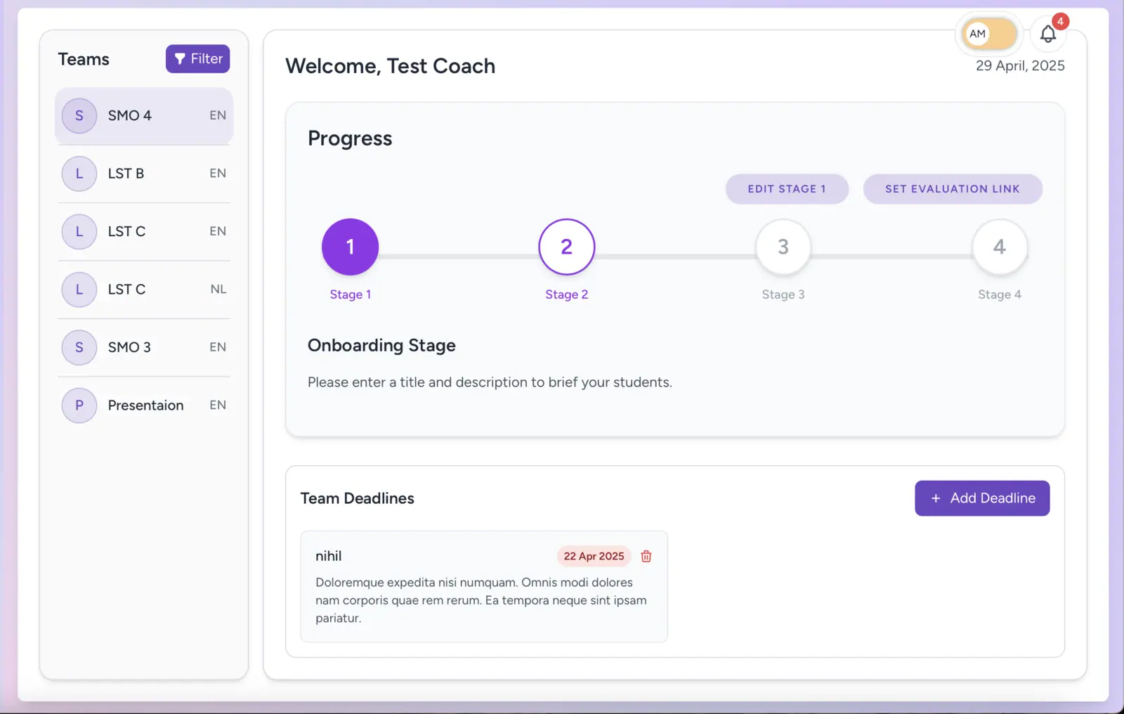 Skill Integration: Coach dashboard with progress stages