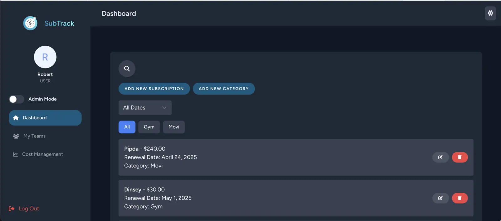 SubTruck: Dashboard with the subscription list