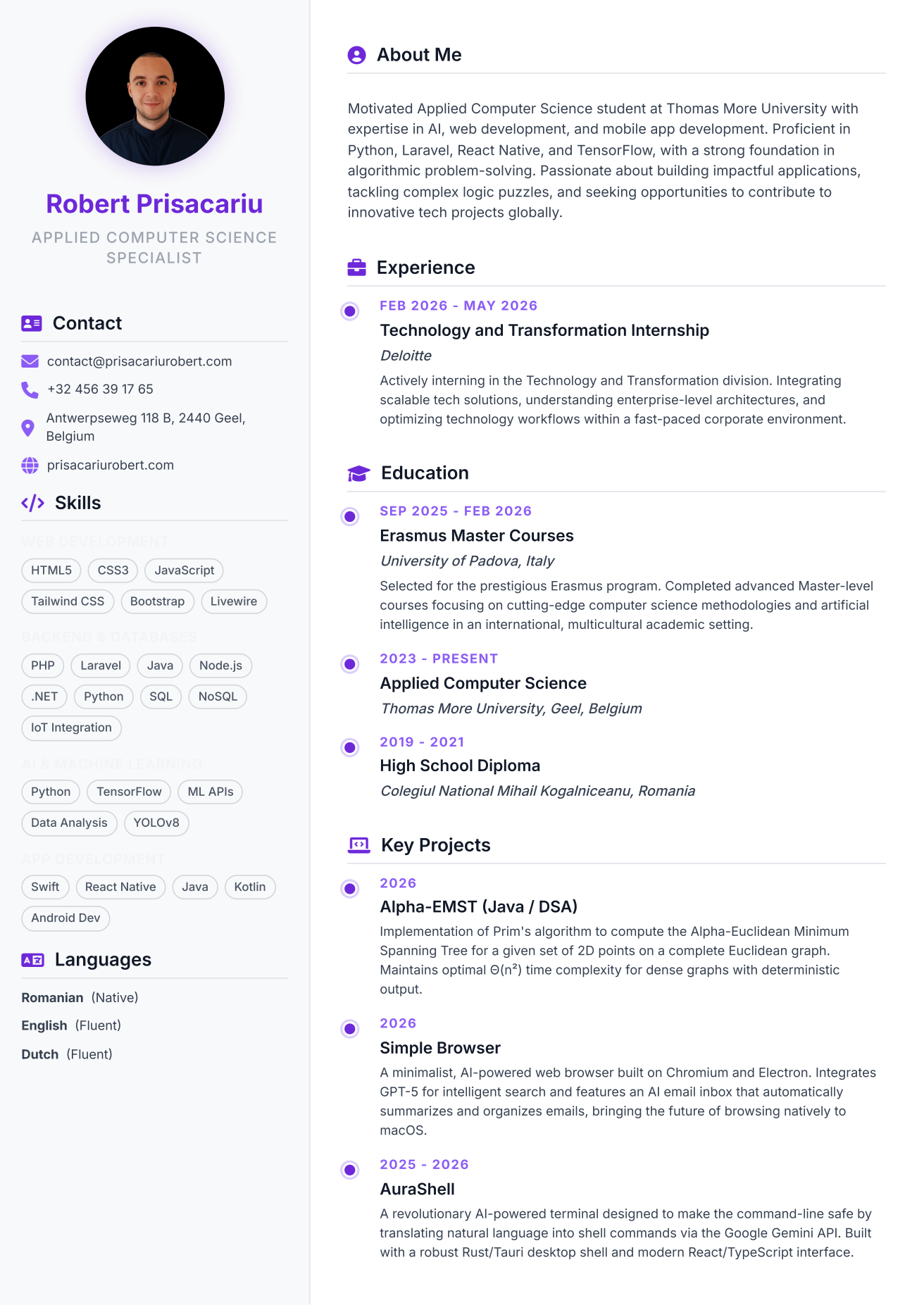 Rendered preview of Robert Prisacariu resume